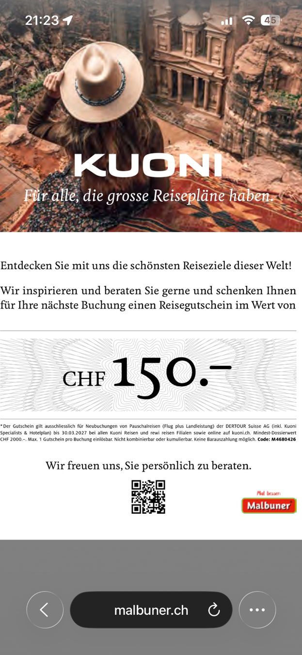 Buoni: Reisegutschein Kuoni Fr. 150.-- – Nuovo (secondo la descrizione) da Jona venduto da relgiez