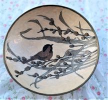 Ältere Messing Schale mit Email Ziselierungen Vogel Motiv