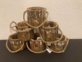 Windlicht aus Holz/Rinde mit Glaseinsatz, 6 Stück,12x13x13cm