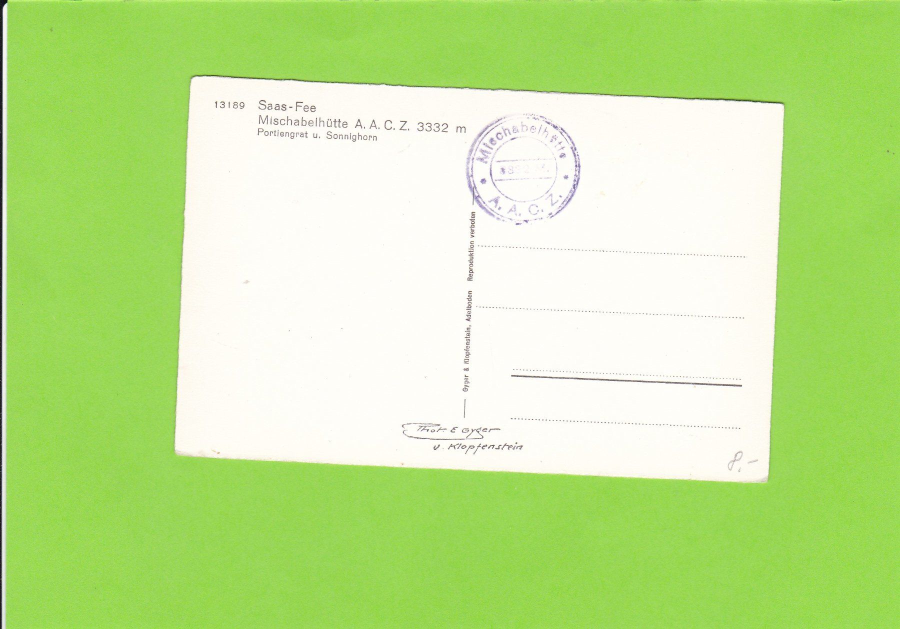 Cartoline postali: Saas-Fee, Mischabelkette, E. Gyger – Usato da St. Peterzell venduto da neckertal 1