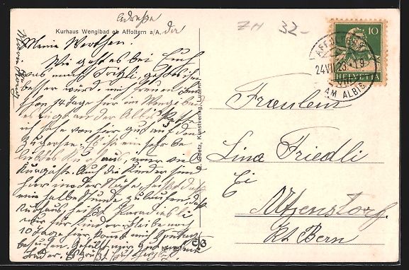 Cartoline postali: AK Affoltern a. A., Kurhaus Wengibad – Usato da Berlin venduto da bartko-reher 1