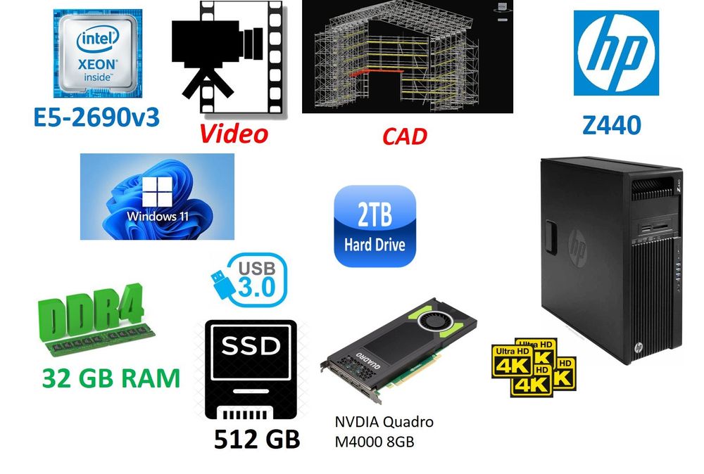 PC HP Workstation Z440 32GB Win11 512GB E5-2690v3 12core CAD (Gebraucht ...