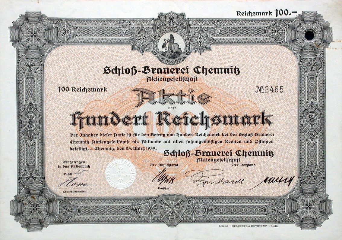 Documenti: Schloss-Brauerei Chemnitz AG, Chemnitz - 1939 – Usato da Solothurn venduto da Sgasche