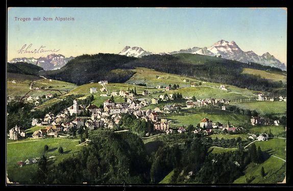 Cartoline postali: AK Trogen, Totalansicht mit Alpstein – Usato da Berlin venduto da bartko-reher