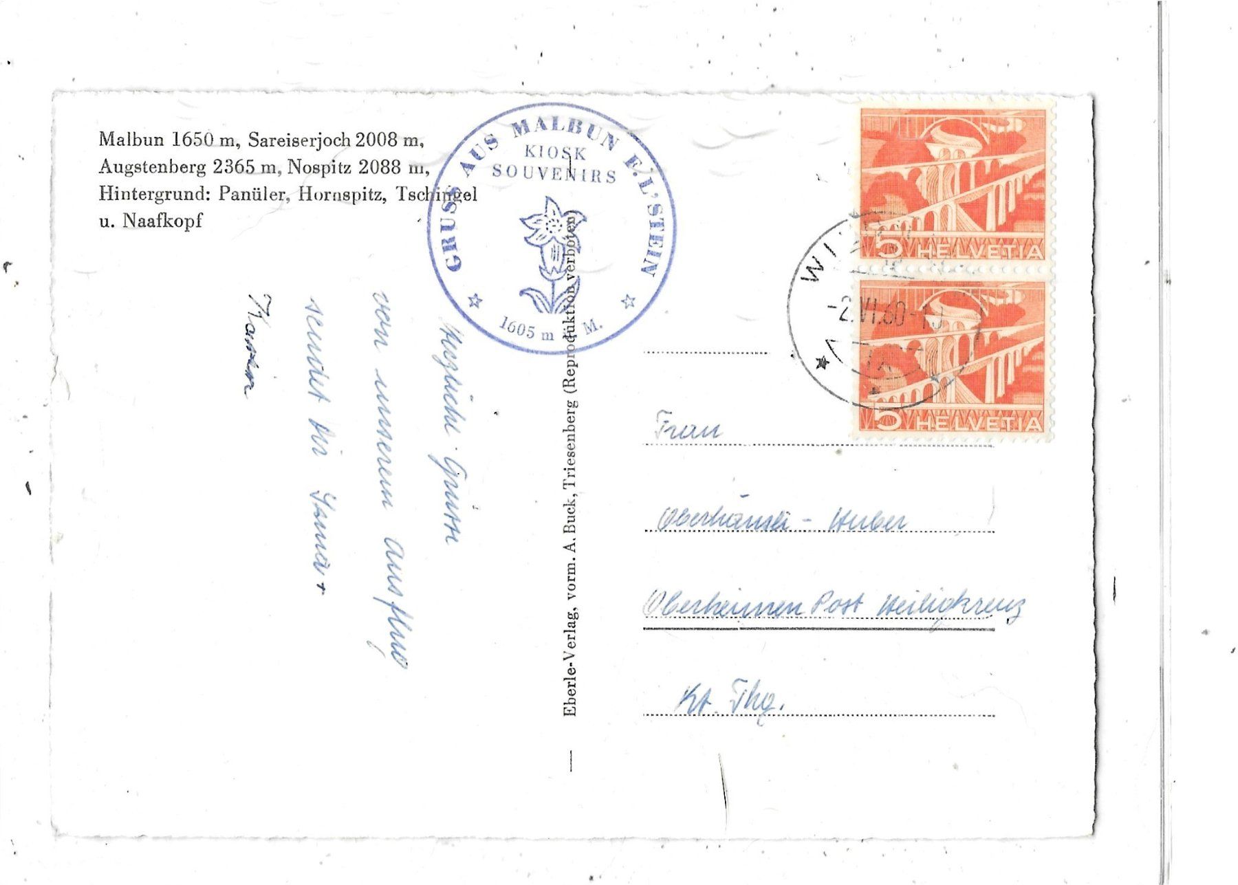 Cartoline postali: FL Malbuntal 1960 – Usato da Schocherswil venduto da Wilare 1