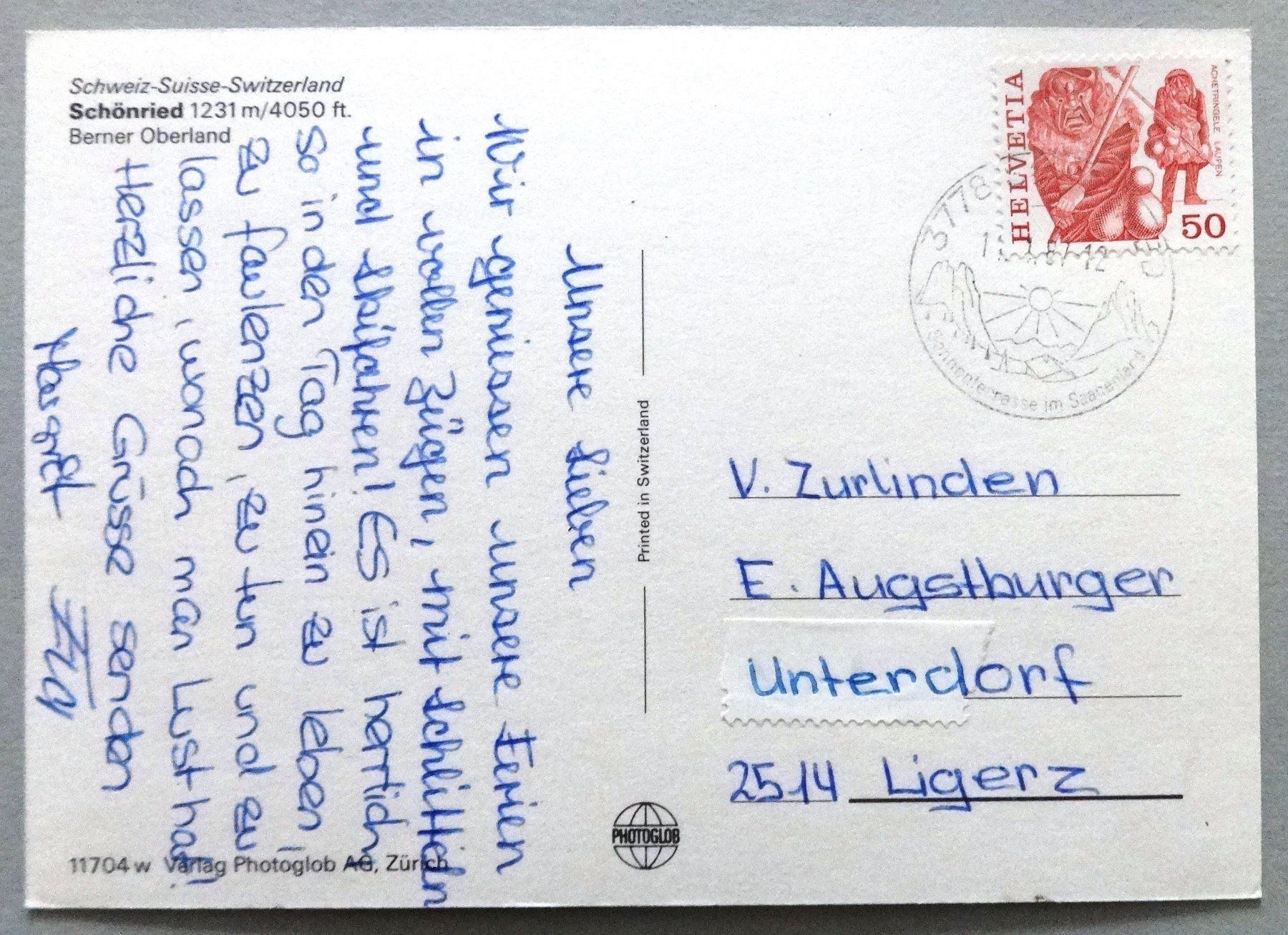 Cartoline postali: Schönried 1231 m, Berner Oberland – Usato da Fétigny venduto da Billy2miny 1