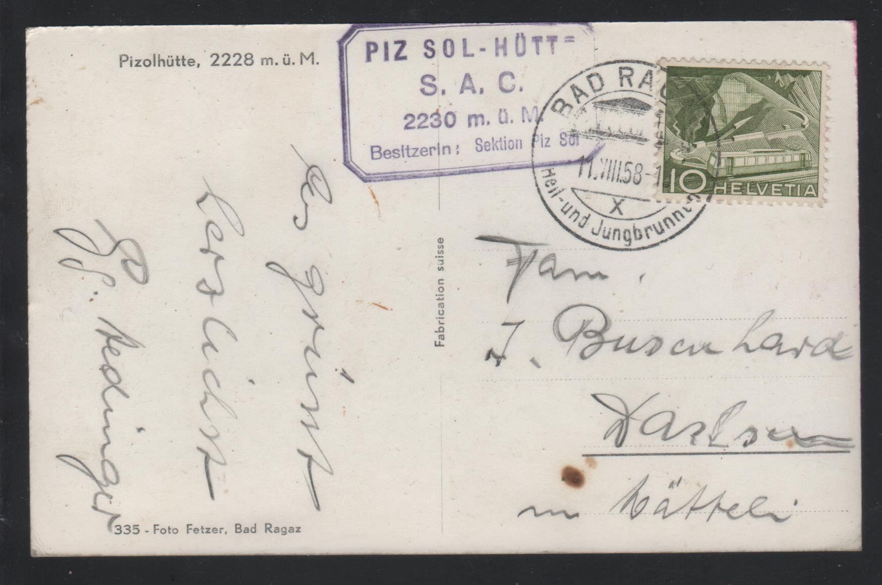 Cartes postales: Ansichtskarte SAC Pizolhütte 1958 – D'occasion à Remetschwil par Hofiii 1