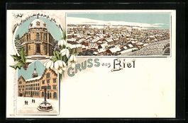 Winter-Lithographie Biel, Rathaus, Ortsa