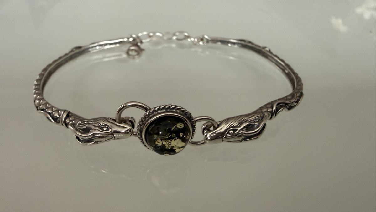 Bracciali & Braccialetti: Silberarmband mit Drachen, grünem Bernstein – Nuovo e nell'imballaggio originale da Ebikon venduto da Leonidas2 1