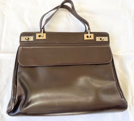 Edle Vintage Leder-Handtasche –Dunkelbraun & Gold –60er/70er