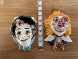 2 Keramik Fasnacht Masken / Basel Waggis