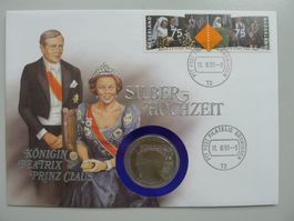 1991 Numisbrief: Silberhochzeit Königin Beatrix + Medaille