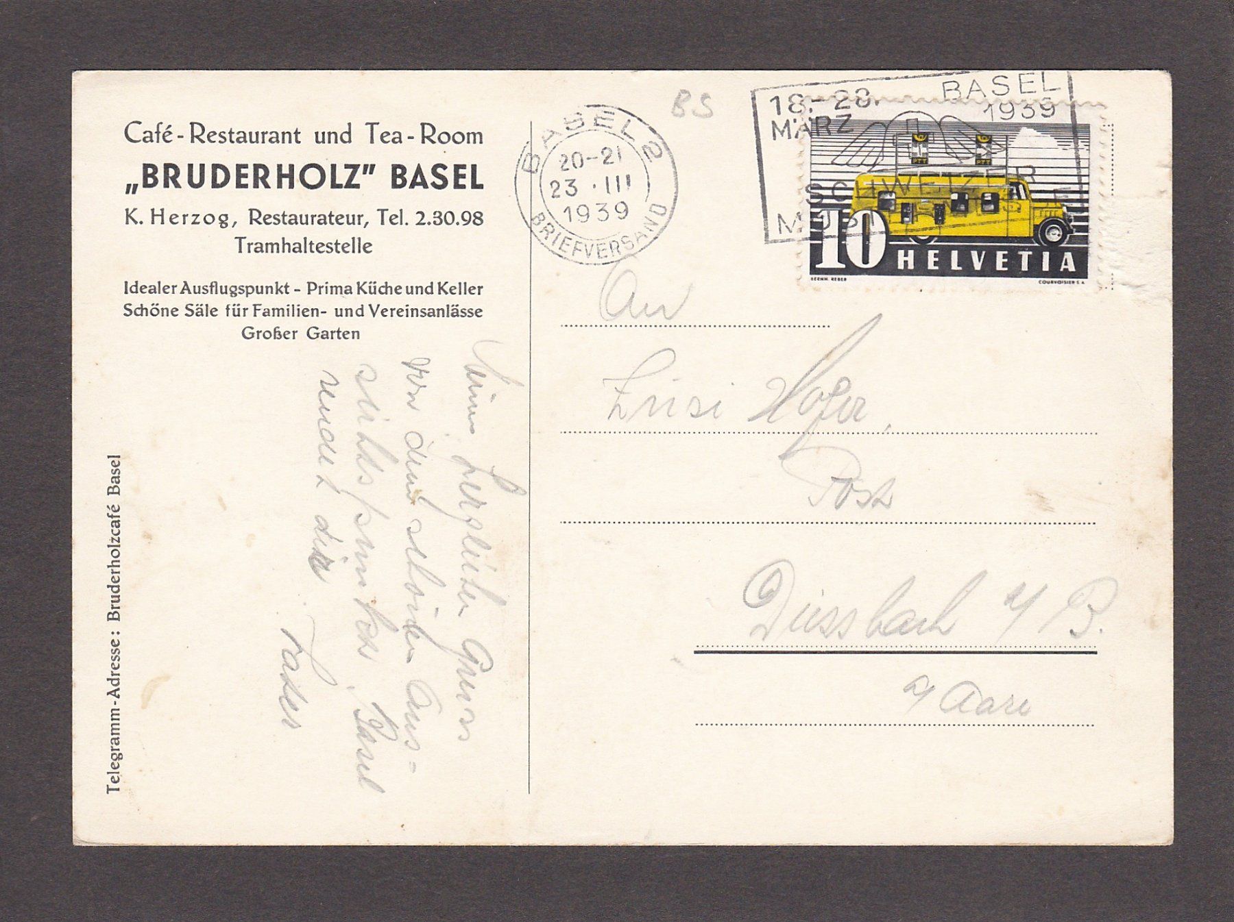 Cartoline postali: BASEL - Restaurant Bruderholz, 1939 – Usato da Reiden venduto da cinfis 1