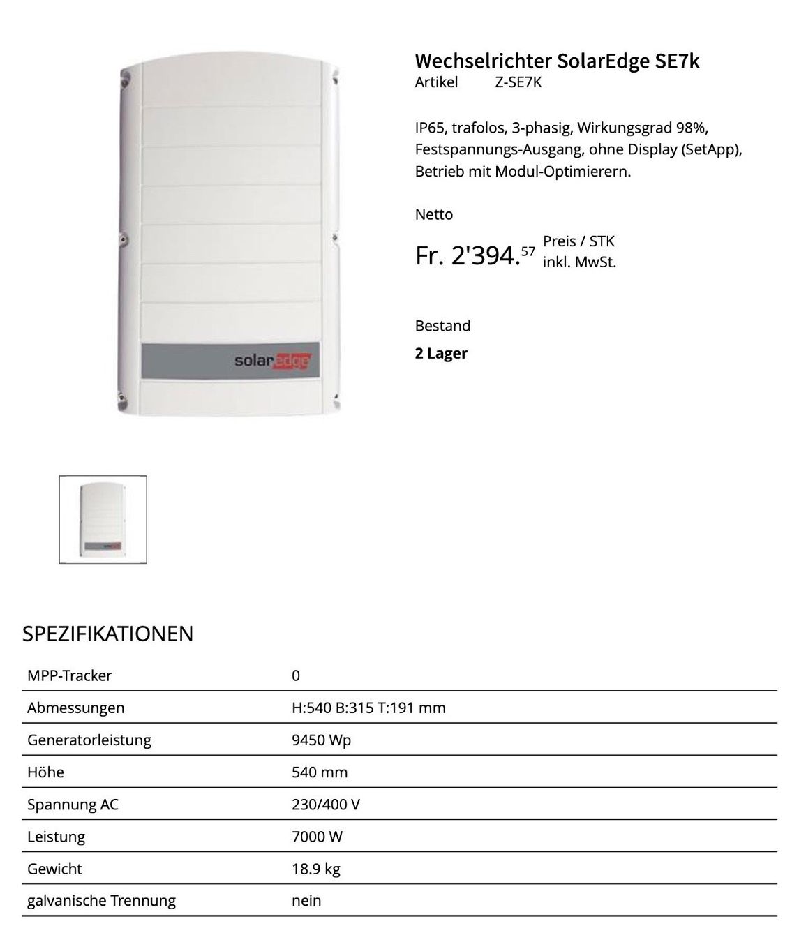 SolarEdge Sonstiges Elektromaterial: Wechselrichter SolarEdge SE7K – Gebraucht aus Büetigen von  6