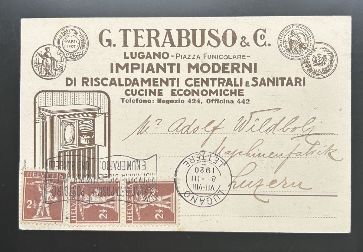 Cartoline postali: Firmenkarte Lugano G.Terabuso – Usato da Horw venduto da Tellbub