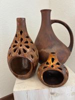 Vase und 2 Windlichter aus Ton im 3er Set, Vintage, braun