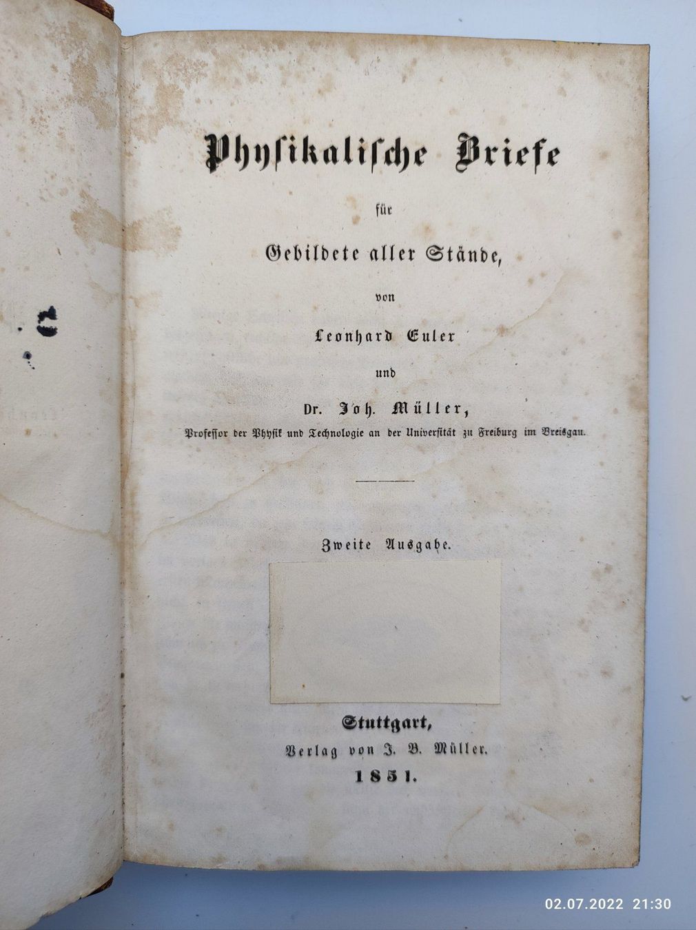 Libri: PHYSIKALISCHE BRIEFE - MÜLLER - 1851 – Usato da Goldach venduto da Gaip
