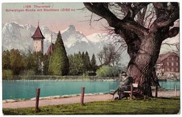 Scherzligen, Kirche, Mann auf Sitzbank, gelaufen 1911