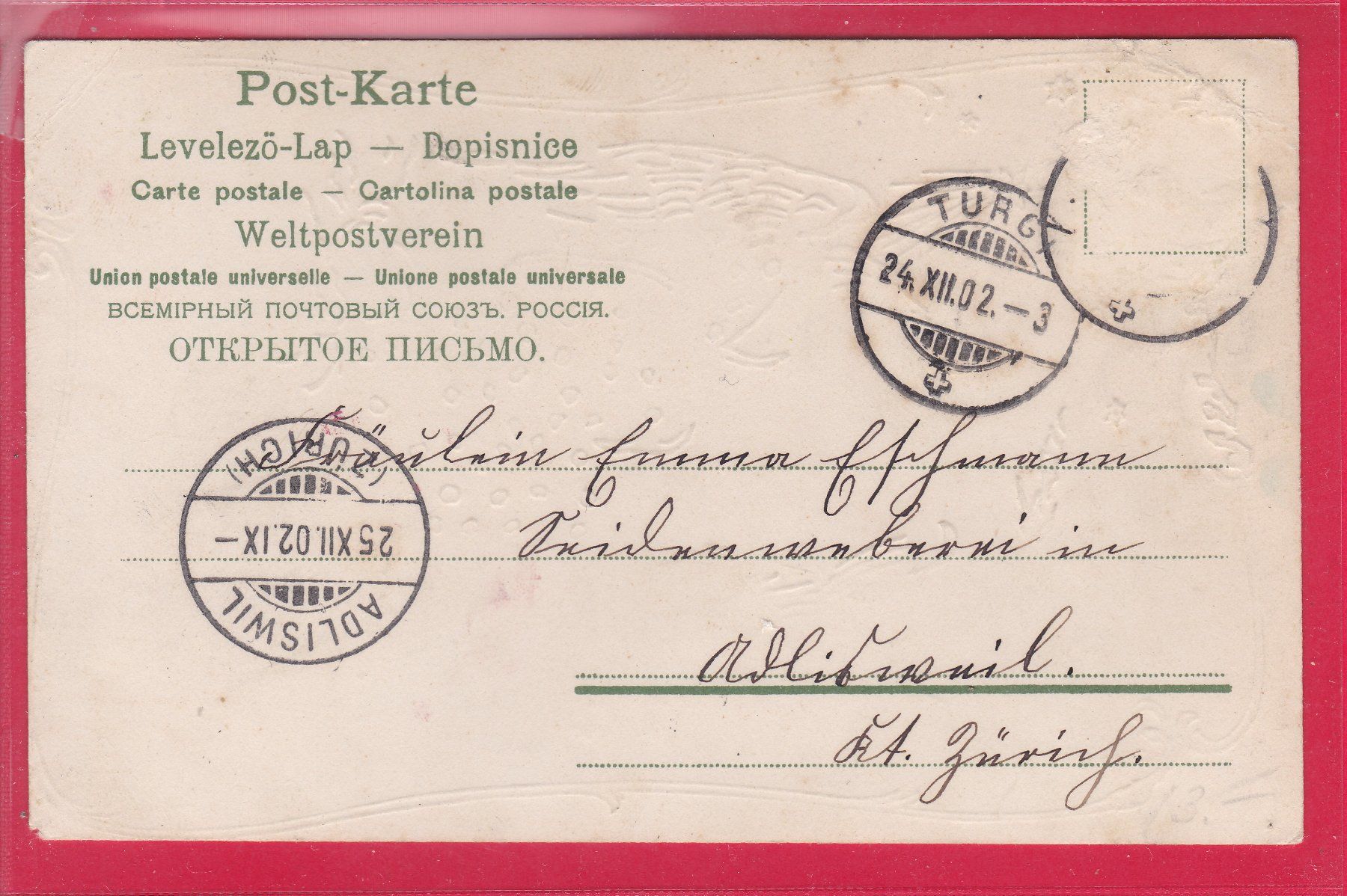 Cartoline postali: FRÖHLICHE WEIHNACHTEN, 24.12.1902 – Usato da Oberrieden venduto da Gebirgsstelze 1