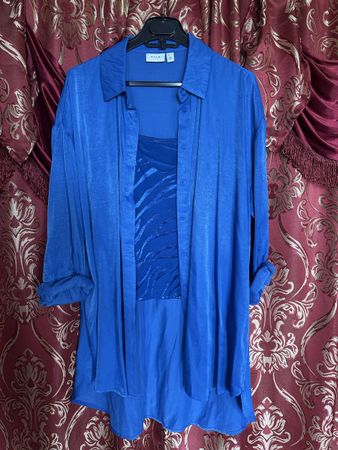 Satin Set aus Top, Bluse, königsblau, small, oversized