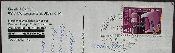 Ansichtskarten: MENZINGEN Gasthaus Gubel – Gebraucht aus Jona von philajona 1
