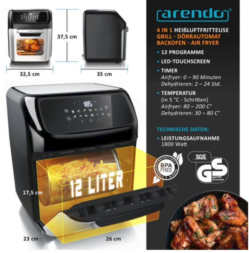 Elettrodomestici da cucina: Arendo Heissluftfritteuse XXL Multifunktion 12L Touchscreen – Usato da Schaffhausen venduto da K.Ichimaru 2