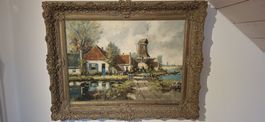 Antikes Ölgemälde aus Holland / Windmühle mit Bauernhof