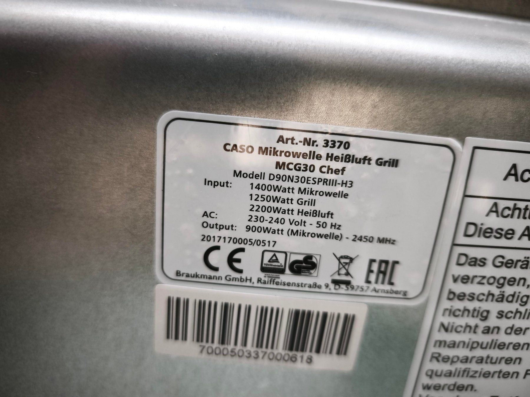 Elettrodomestici da cucina: Mikrowelle MCG30 Chef CASO – Nuovo (secondo la descrizione) da Erlinsbach SO venduto da Rigaflex 3