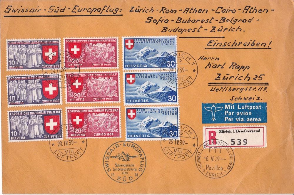 3 Stk. CH Flugpost Briefe 1939 1