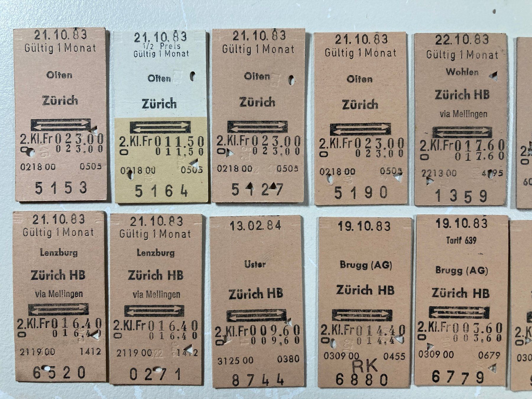 Biglietti: Ab oder nach Zürich, 64 alte Bahn Billette SBB, 1983, 1984 – Usato da Lenzburg venduto da fh1 1