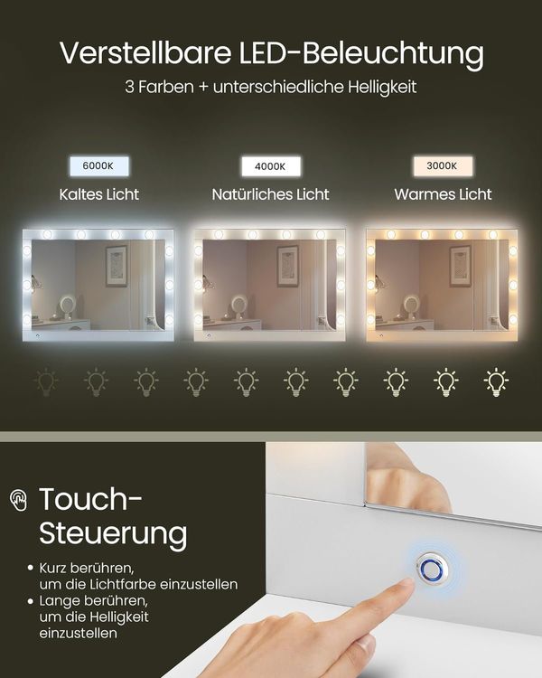 Schminktisch mit LED Beleuchtung und Spiegel Weiss GLAMORA 6