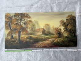 Peinture à l'huile paysage d'automne, maison de campagne