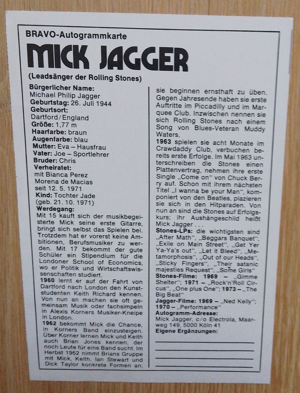 Autografi: Autogramm / Postkarte Mick Jagger 70er mit Unterschrift – Usato da Wohlen AG venduto da salamanderspielwaren 1