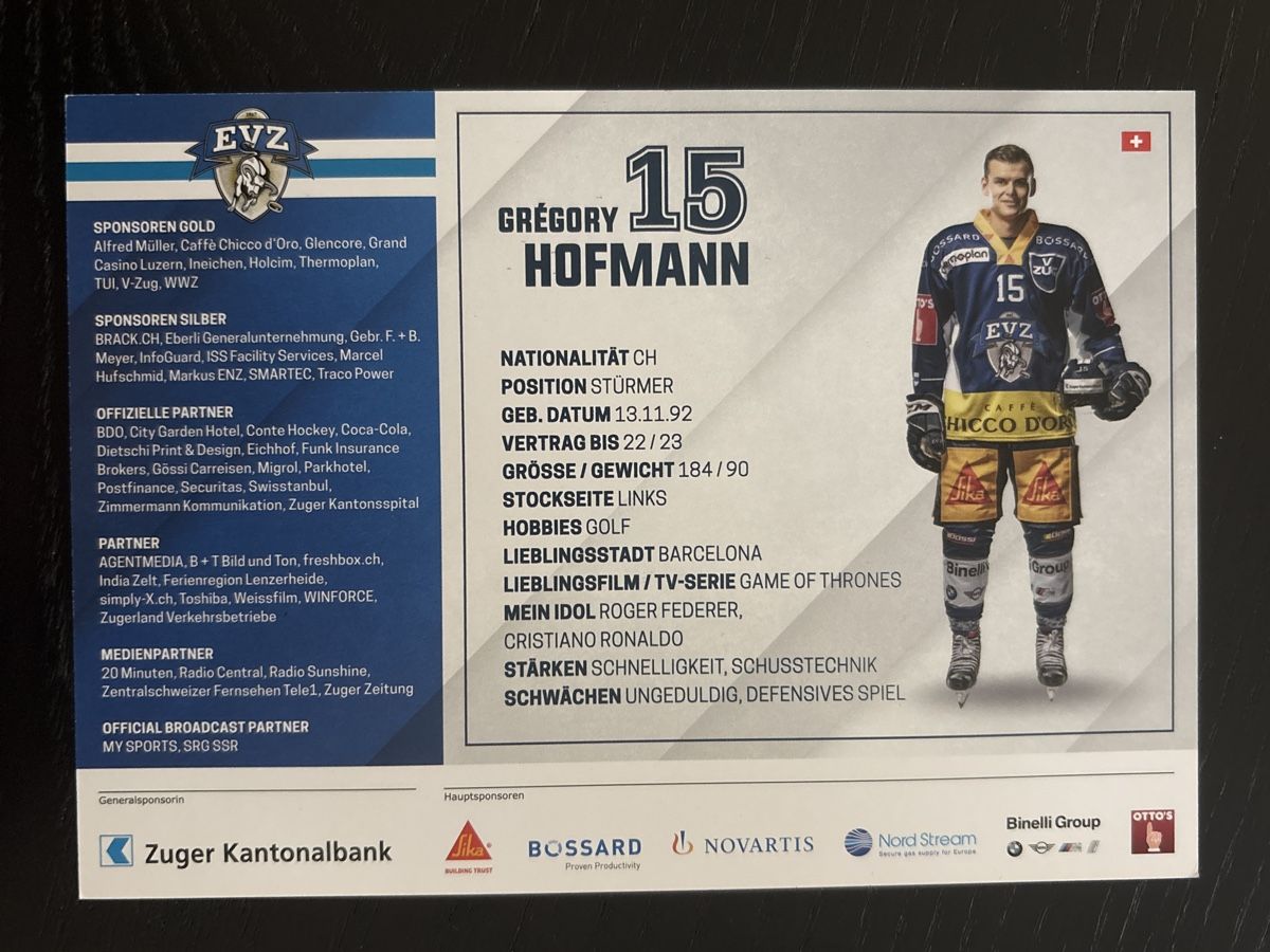 Autografi: Original Autogrammkarte Grégory Hofmann EV Zug Saison 2019/2 – Usato da Uetendorf venduto da hoisle 1