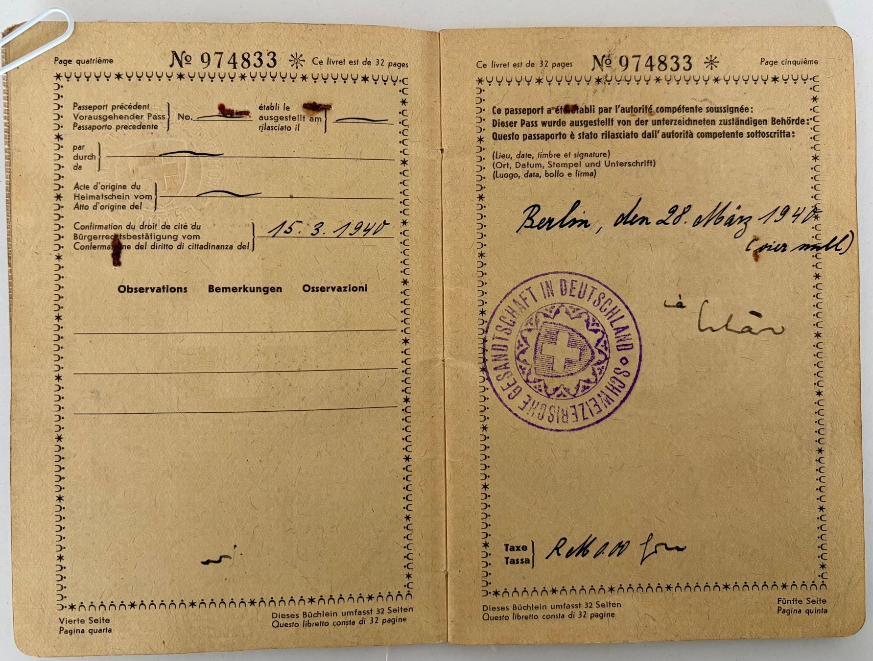 Documenti: Schweizer Pass / Reisepass 1940 - 1946  WW2 – Usato da Safenwil venduto da gemeinsamX 3