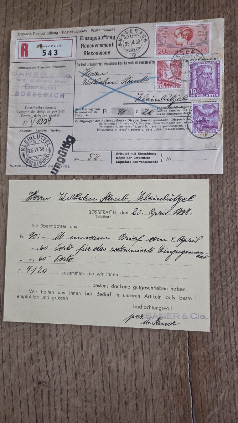 Alle Briefmarken: 1938 Einzugsmandat Pro Juventute mit Inhalt – Gebraucht aus Arni AG von Moth68