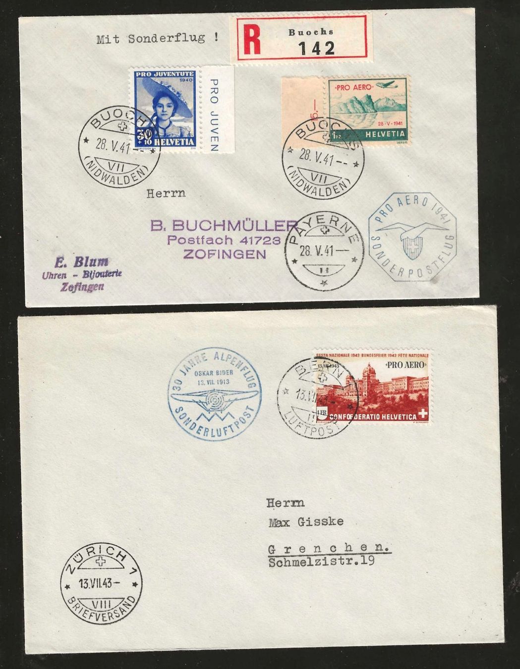 Tutti i francobolli: 1941/1943 : 2 CH Flugpost Briefe – Usato da Gümligen venduto da Geniusbuy