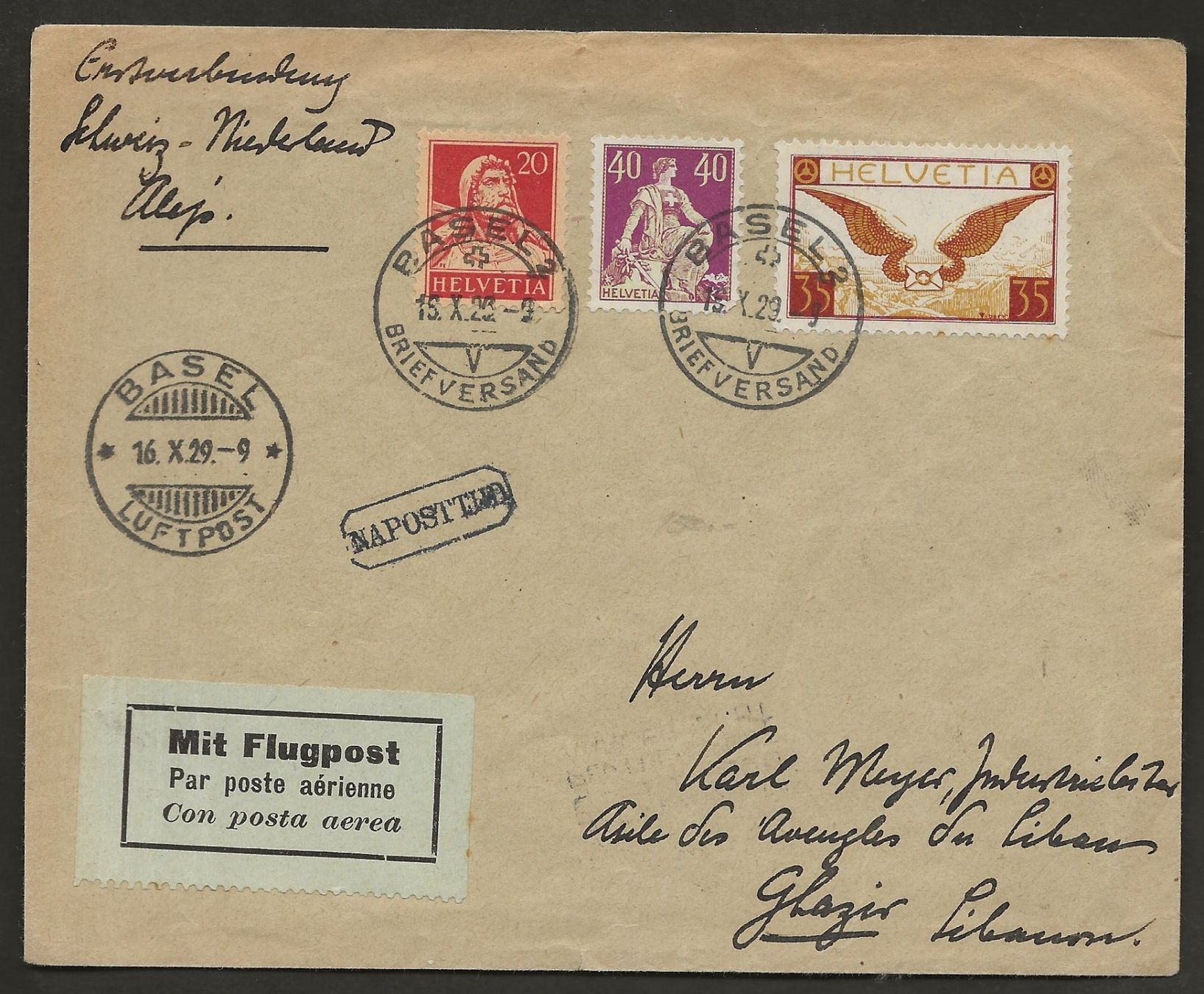 Tutti i francobolli: Flugpost Schweiz 1929 Basel Amsterdam Aleppo Luftpost FF – Usato da Au ZH venduto da xelagreb01