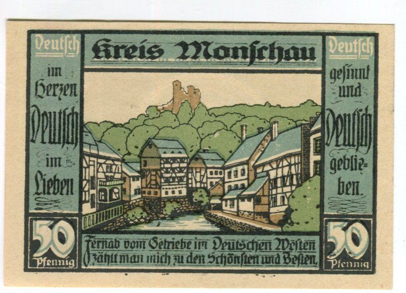 Banknoten: Notgeld "50 Pfennig.  Monschau 1921" – Gebraucht aus Basel von Butsch5