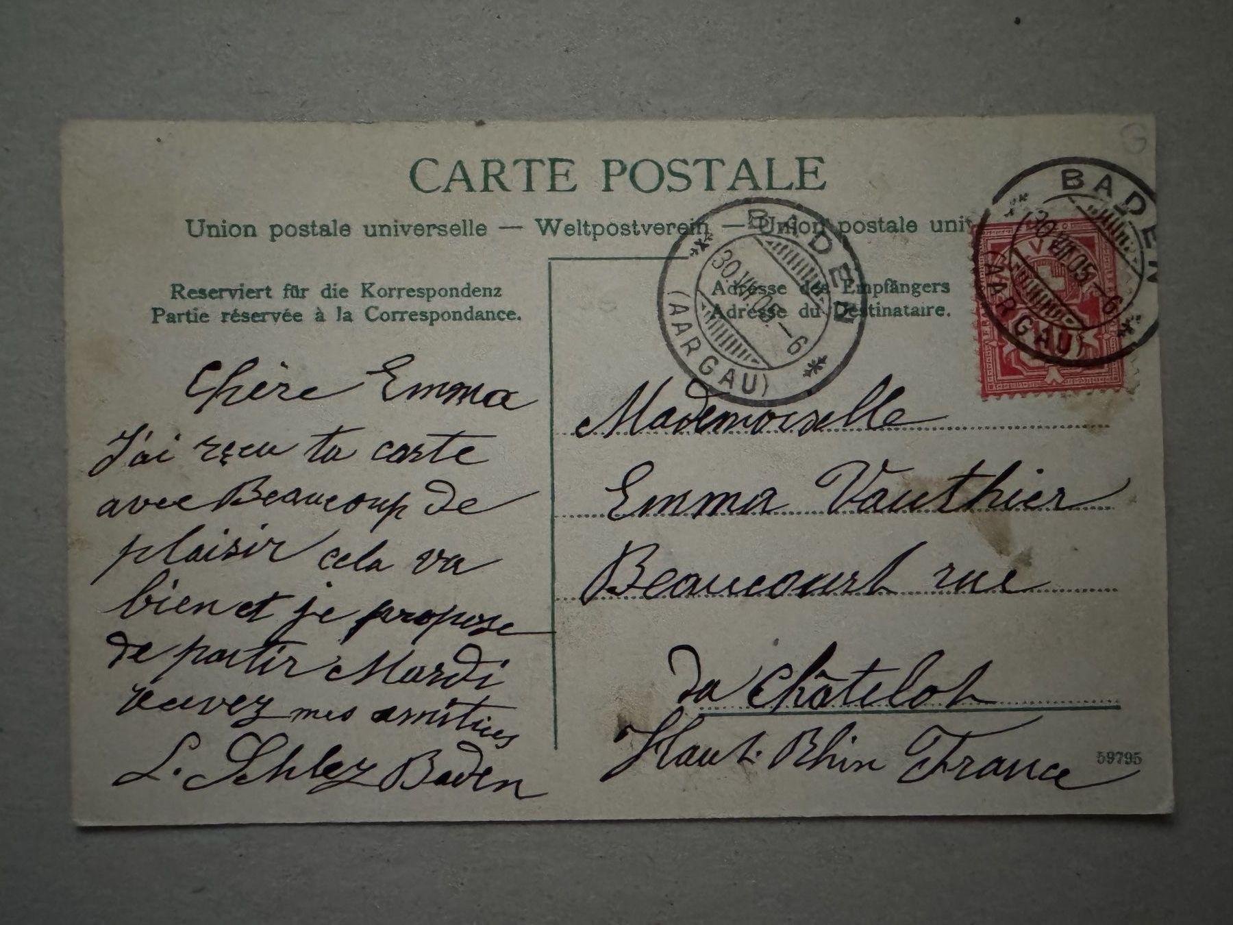 Cartoline postali: BADEN - Badstrasse / ref. Kirche 1905 - Ansichtskarte – Usato da Tegerfelden venduto da siebenmacky 1
