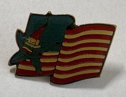 Pin Albertville  Flagge rot-gelb mit Stern blau/grün