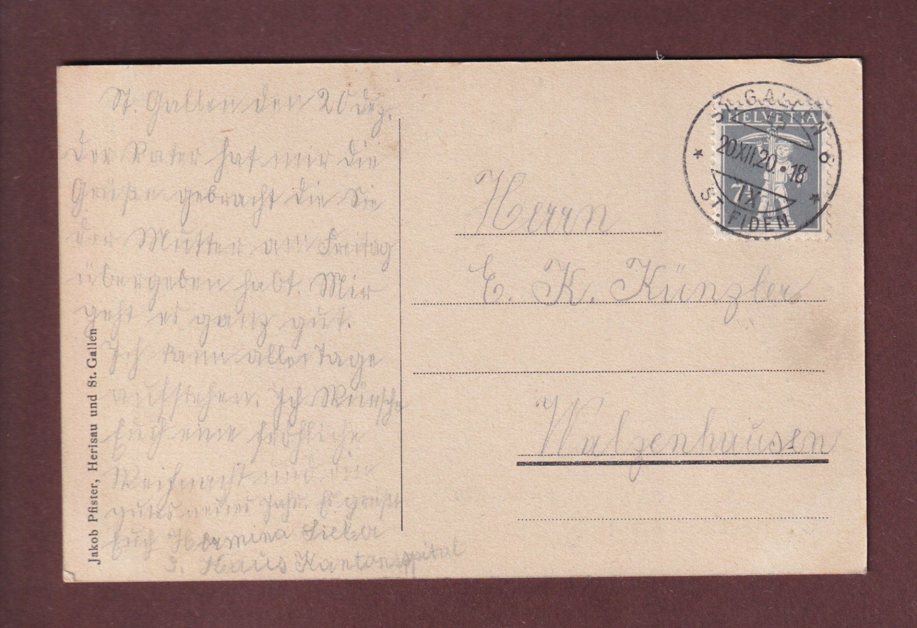 Cartoline postali: ST. GALLEN - Kantonsspital - 1920 – Usato da Pully venduto da nicecards 1