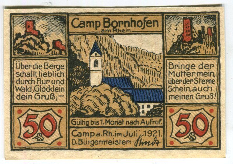 Banknoten: Notgeld "50 Pfennig.  Kamp-Bornhofen 1921". – Gebraucht aus Basel von Butsch5 1