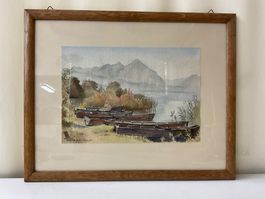 Original Aquarell Fischerboote am See – Hans Schär 1942