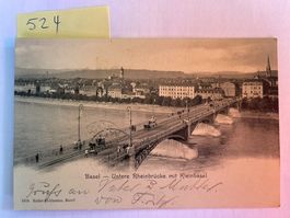 alte Postkarte Basel Untere Rheinbrücke mit Kleinbasel, 1903