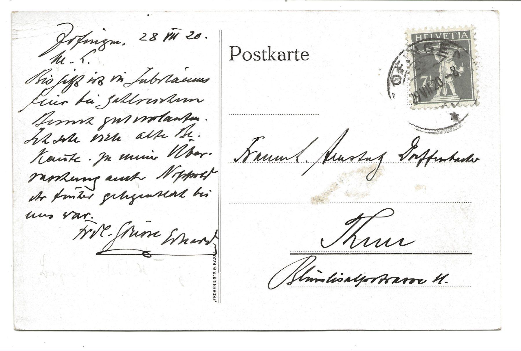 Cartoline postali: Studentenkarte - Zofingen - Centenar-Feier 1920 – Usato da Engelburg venduto da Cartophil 1