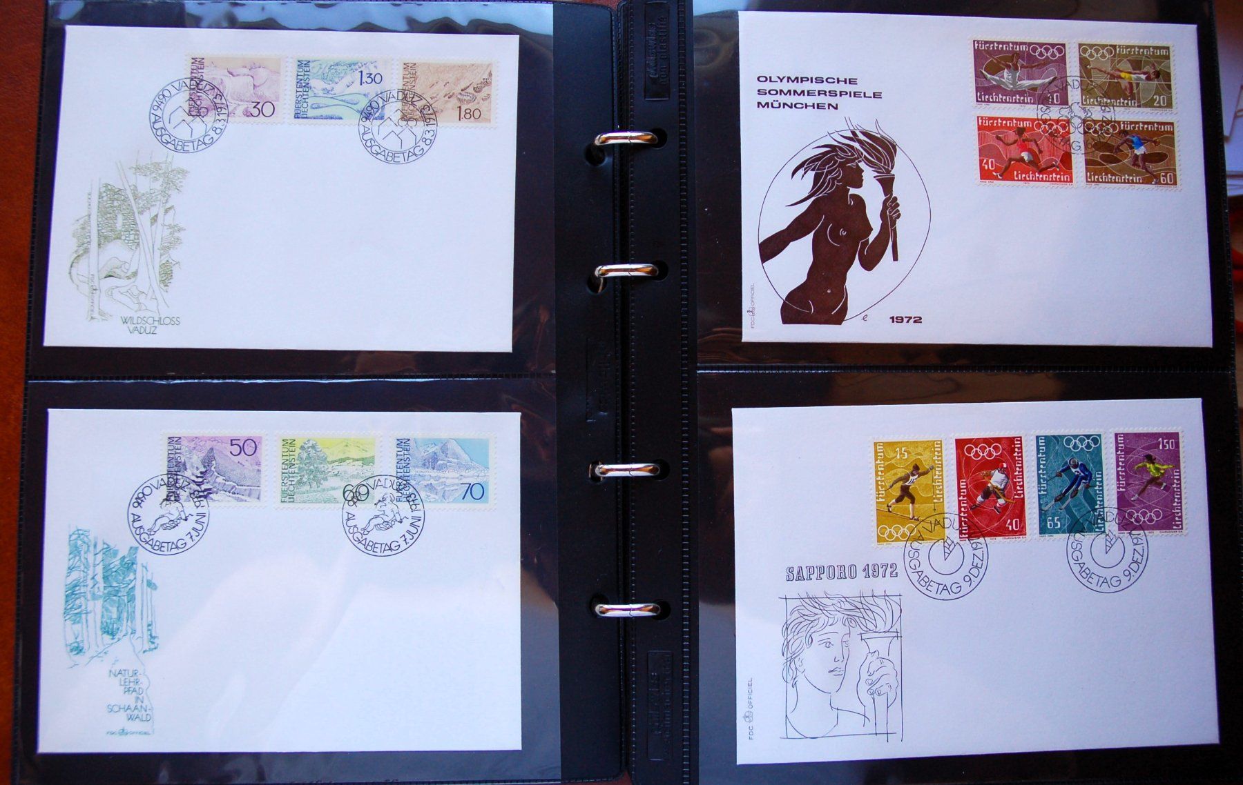 Alle Briefmarken: 84 FDC divers pays dans un album ocre – Gebraucht aus Gland von pas_wxw