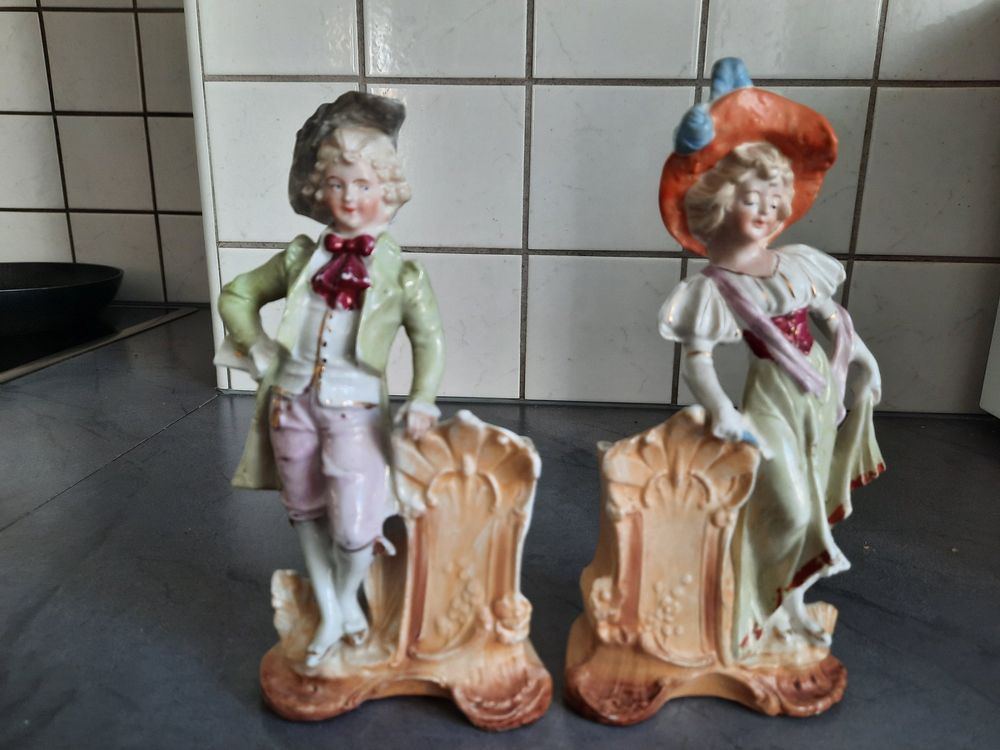 Figurine Couple En Porcelaine De Dresden Allemand - Statuette Vintage Multicolore