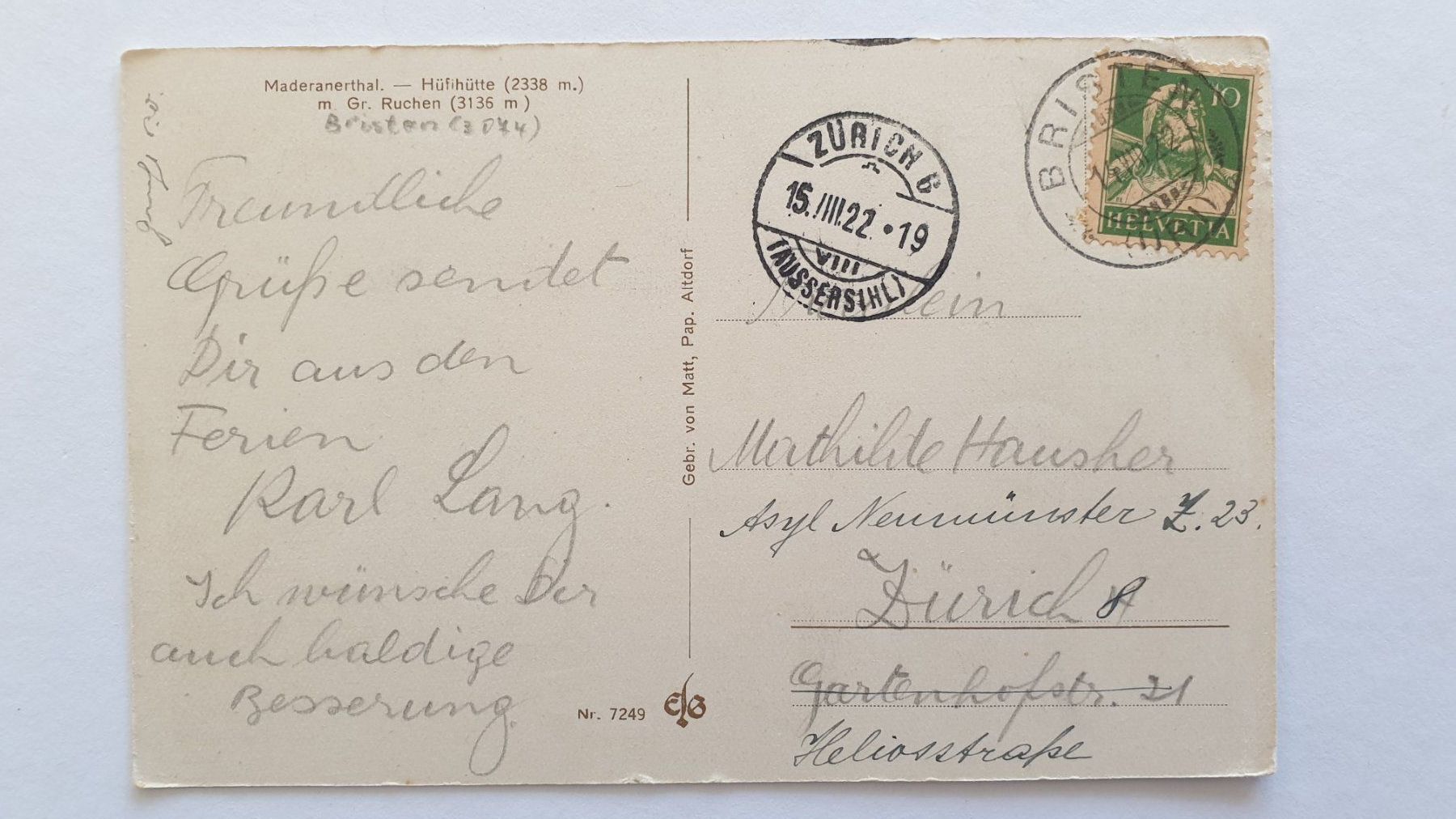 Ansichtskarten: Maderanertal. 1922. Hüfihütte. Uri. – Gebraucht aus Goldach von armando_r 1