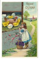 Frohe Ostern - Huhn mit Küken - Mädchen - Litho - 1912